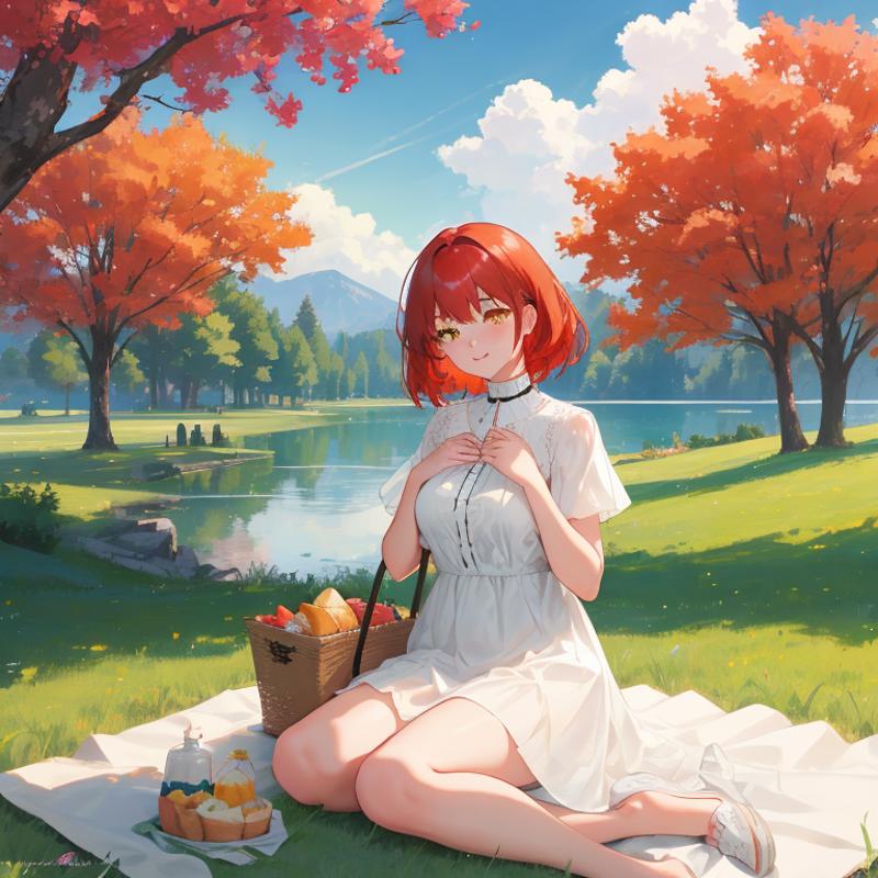 00148-2299588986-1Girl, mature, American, redhead, medium hair, yellow eyes, sitting on a picnic blanket near a lake, elegant summer dress, happy.png